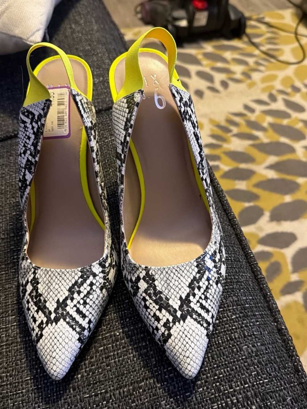 Mix No. 6 Black-and-White Snake Print Slingback Pumps with Yellow Accents